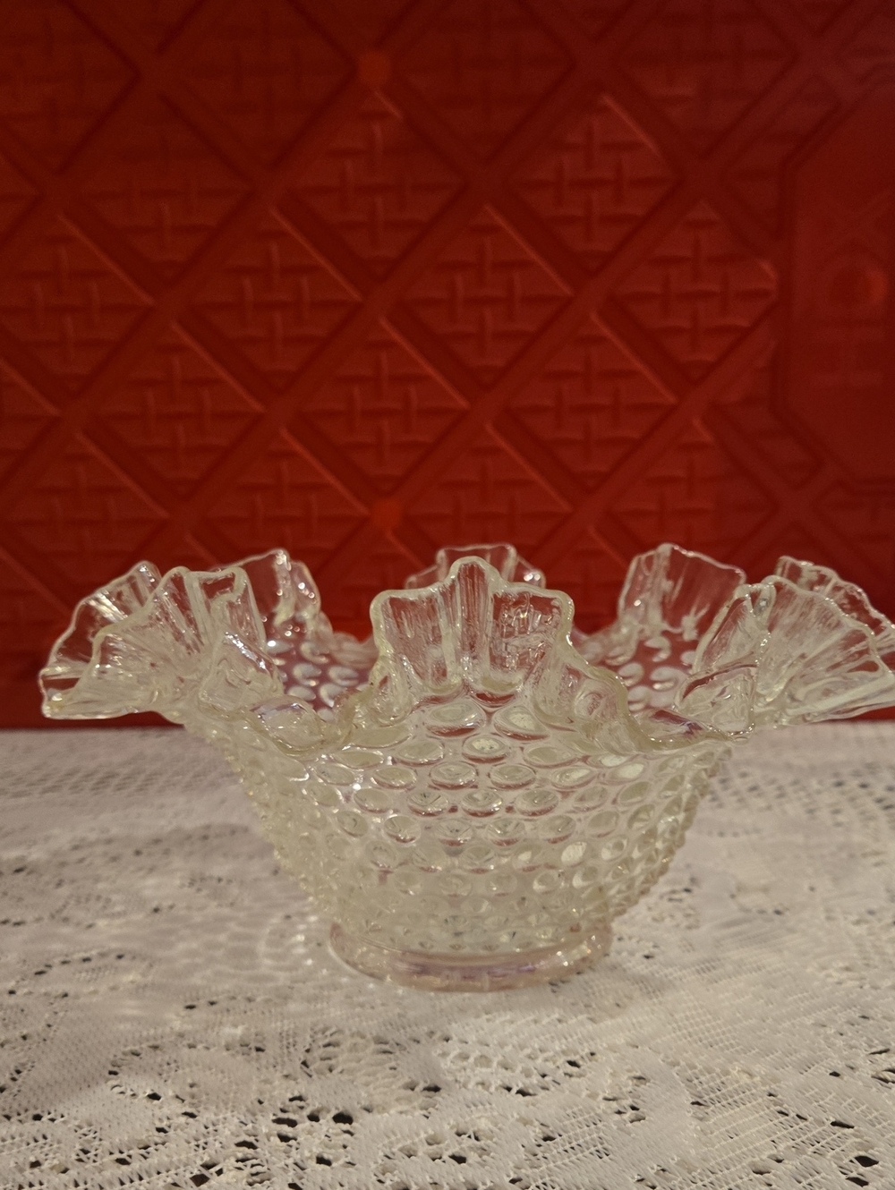 FENTON CLEAR Hobnail Glass Ruffled Bowl